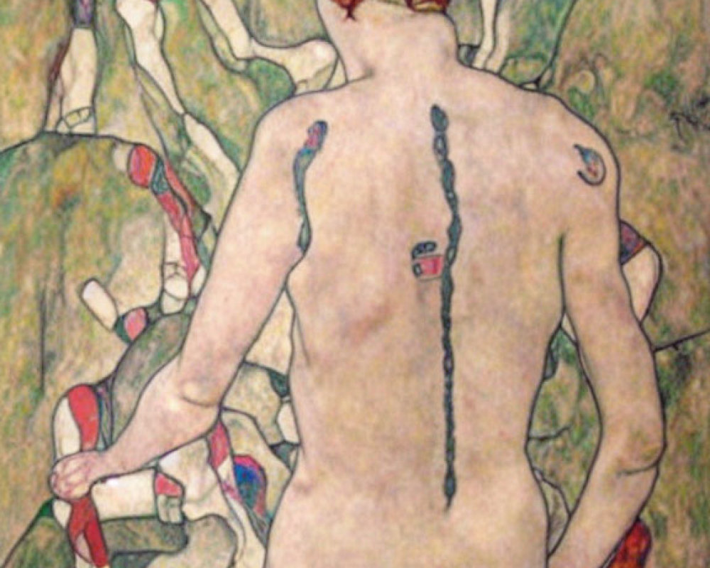 Abstract painting of nude female figure with red hair among abstract forms and figure with trumpet