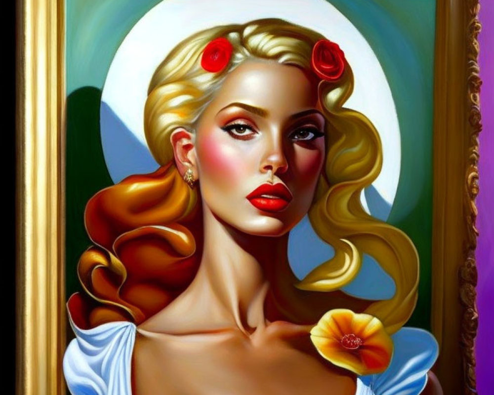 Stylized portrait of woman with golden hair, red lips, white hat, and low-cut dress