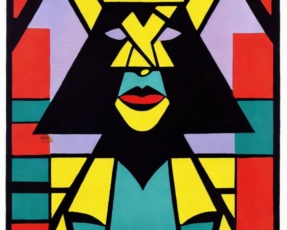 Colorful Geometric Portrait with Prominent Lips and Triangular Motif