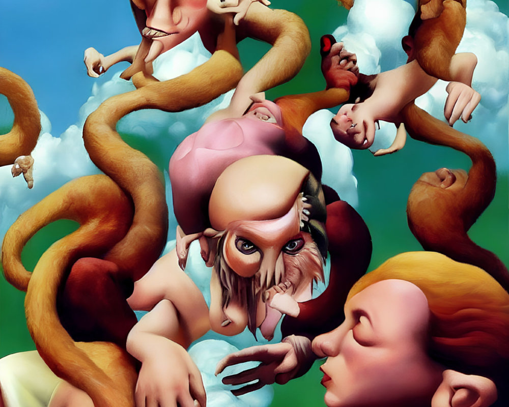 Surreal painting: Intertwined humanoid figures with exaggerated features and monkey tails on sky-blue