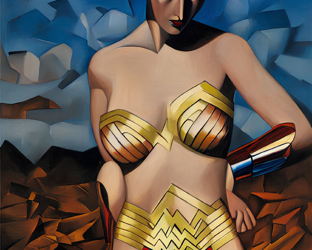 Cubist-style painting of a female superhero with tiara, bracelets, and lasso on blue