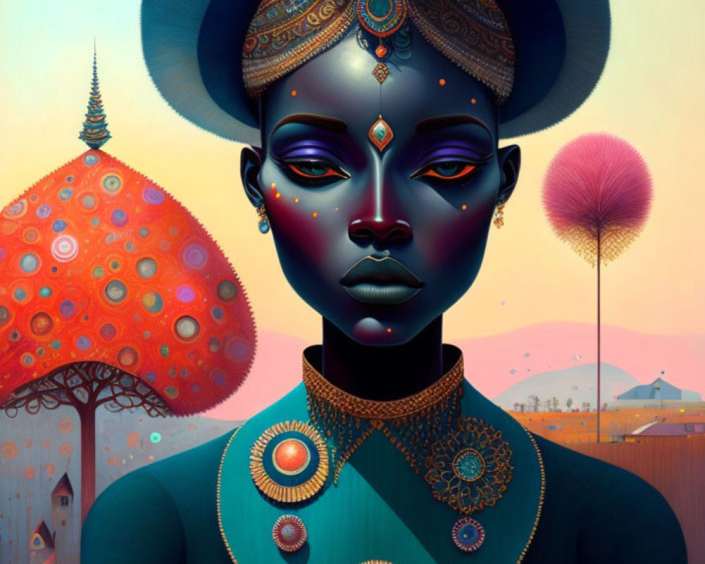 Stylized blue-skinned woman with intricate golden jewelry in surreal landscape