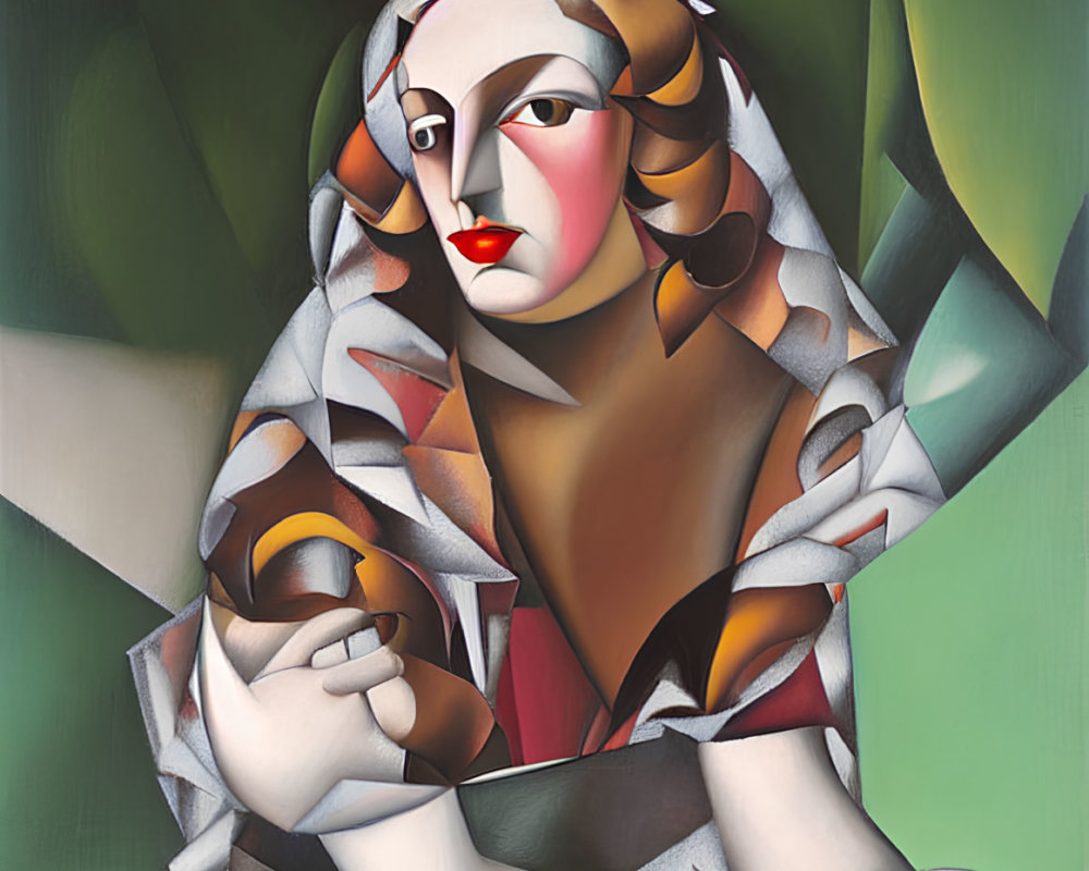 Cubist style painting of woman with geometric features and patterned shawl.