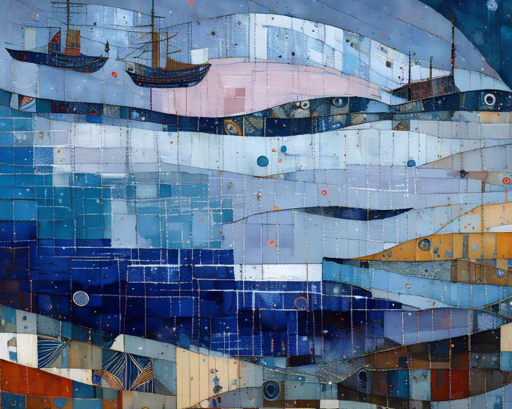 Mosaic Artwork: Fleet of Ships on Wavy Sea with Abstract Face Waves