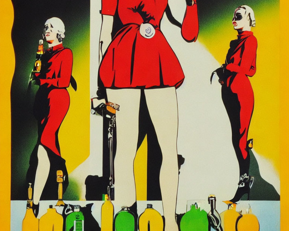 Stylized red figures with bottles on yellow background