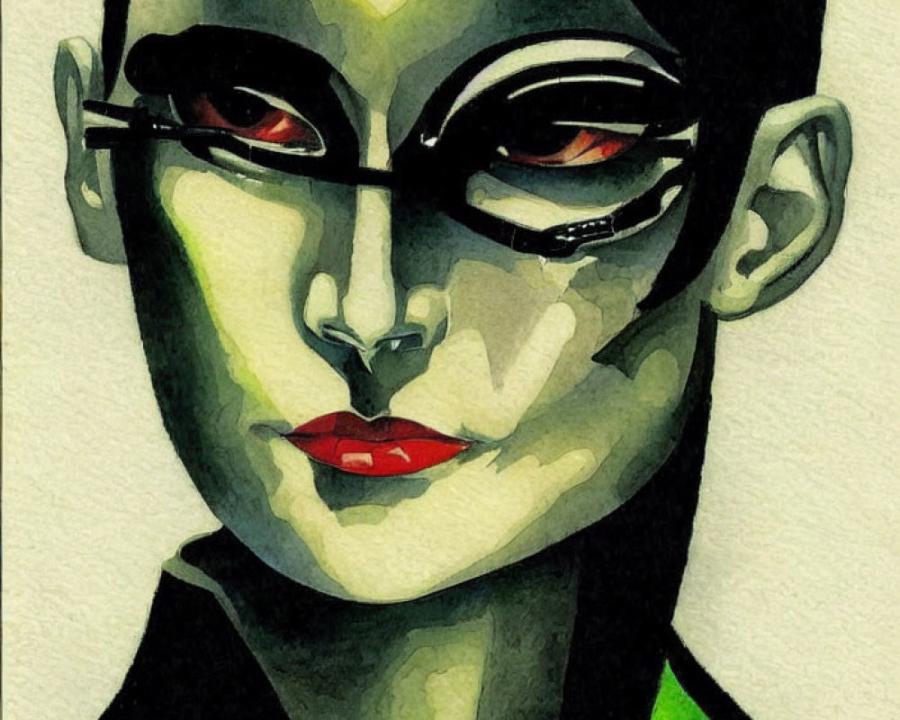 Stylized painting of person with sharp features and sunglasses