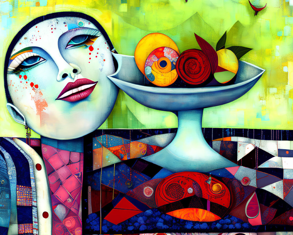 Colorful Abstract Illustration of Feminine Figure with Fruit Bowl on Vibrant Geometric Background