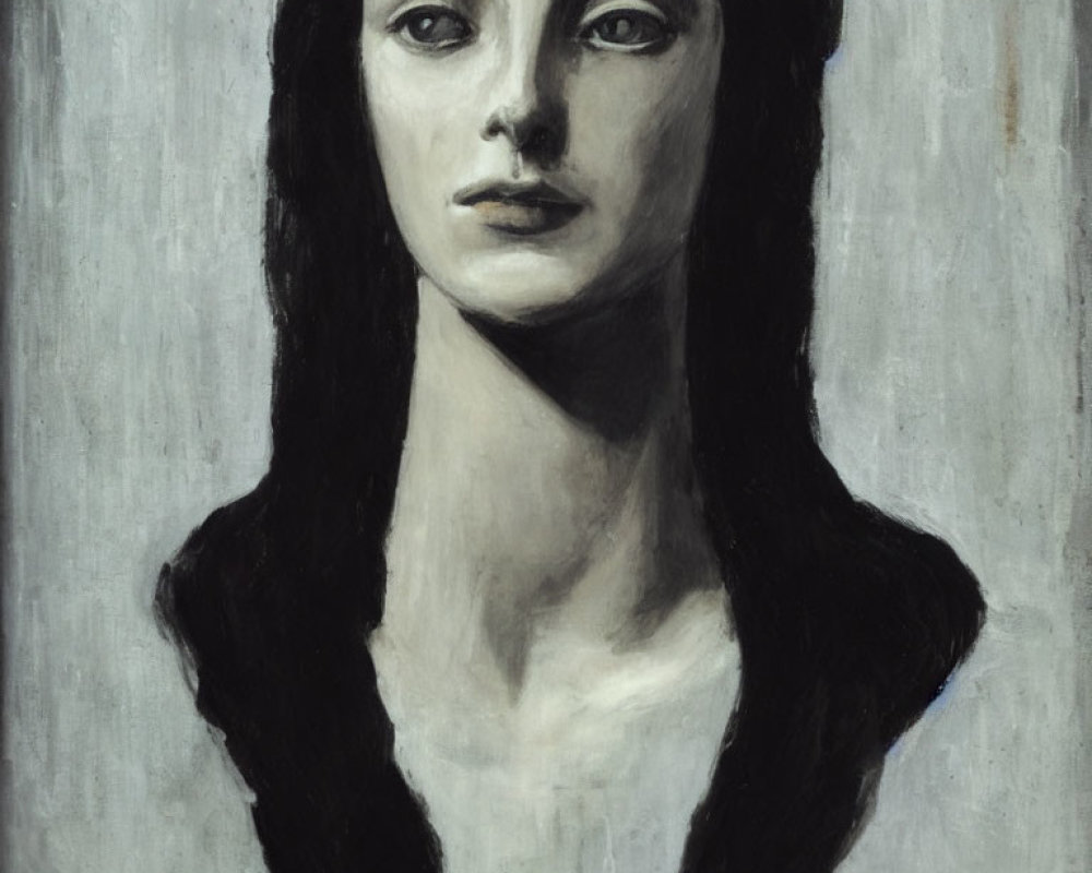 Serene monochromatic portrait of a woman with long dark hair