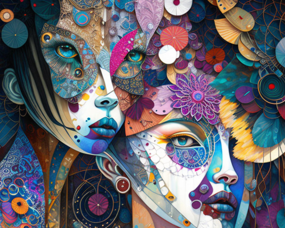 Colorful Stylized Faces with Floral and Circular Motifs in Surreal Artwork