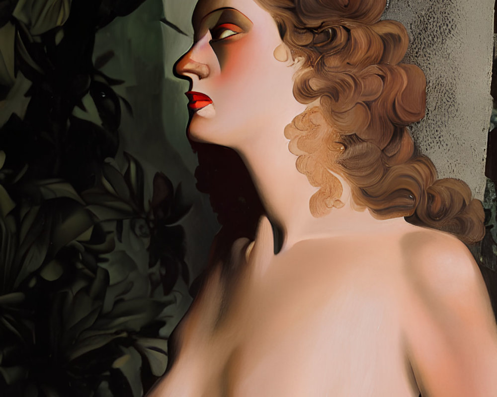 Stylized woman with curly hair and red lipstick against leafy background