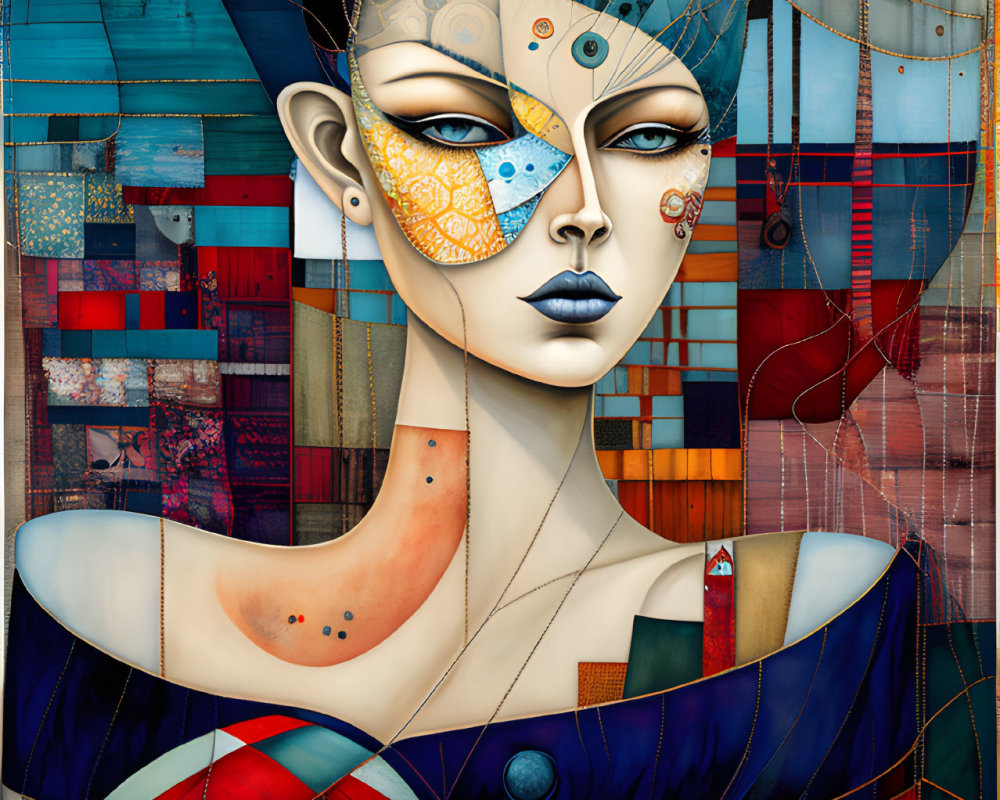 Abstract portrait of woman with divided, textured face and geometric background