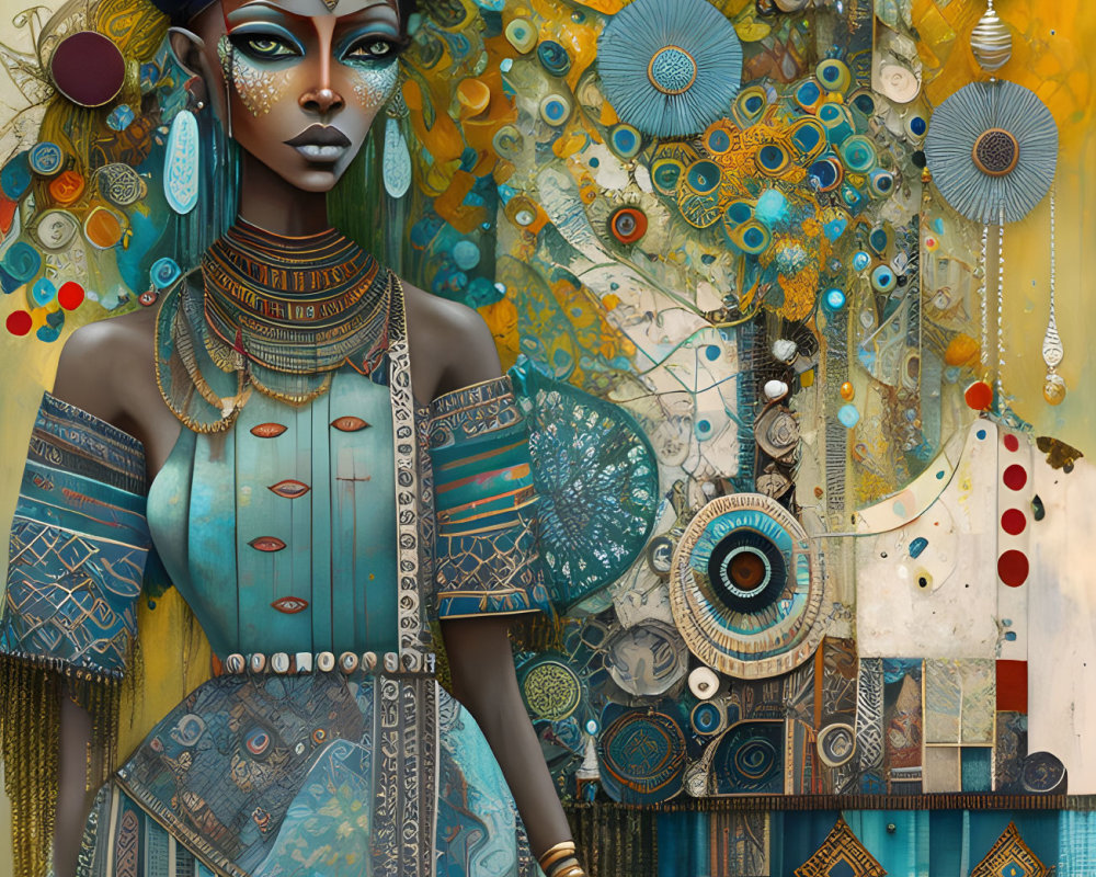 Digital artwork featuring woman adorned with turquoise and gold jewelry on intricate geometric background.