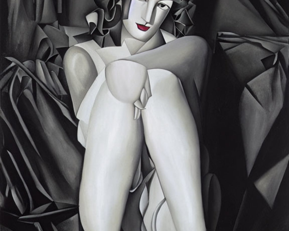 Monochrome Cubist Painting of Seated Woman with Geometric Shapes