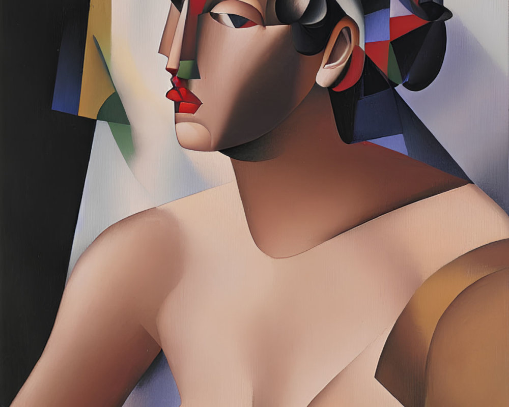 Abstract Cubist Portrait of Woman with Geometric Shapes and Contrasting Colors