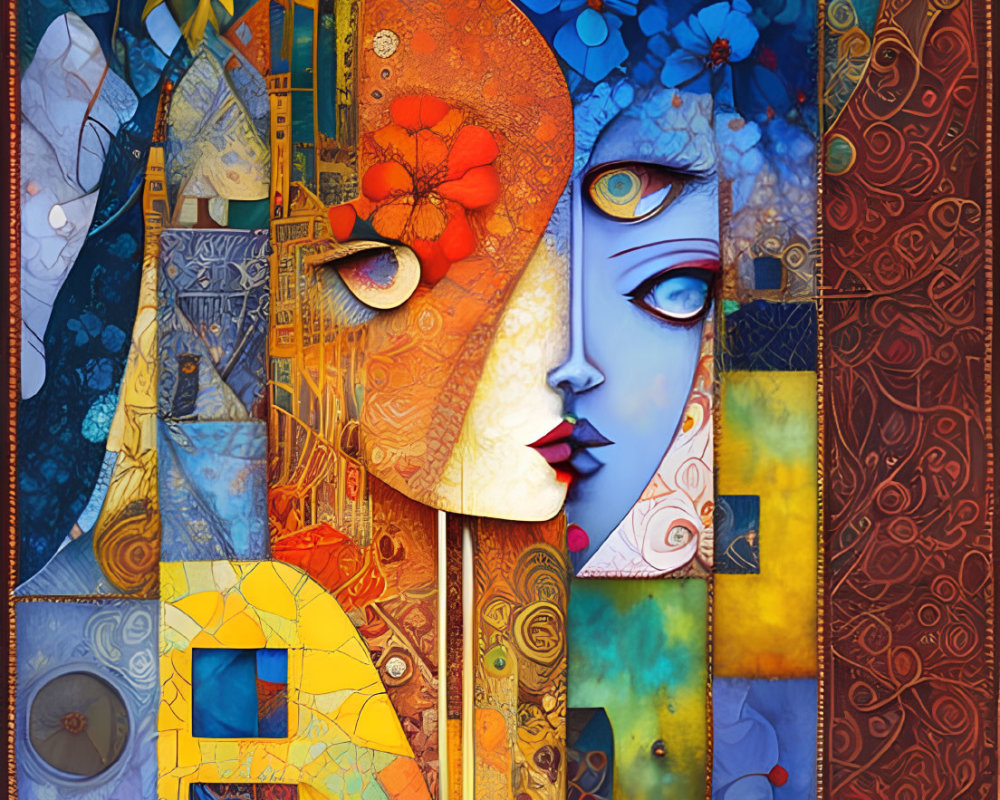 Colorful Stylized Female Face Artwork with Red and Blue Sides