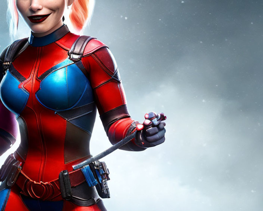 Confident woman in red and blue superhero suit with white and red-tipped hair holding detonator against