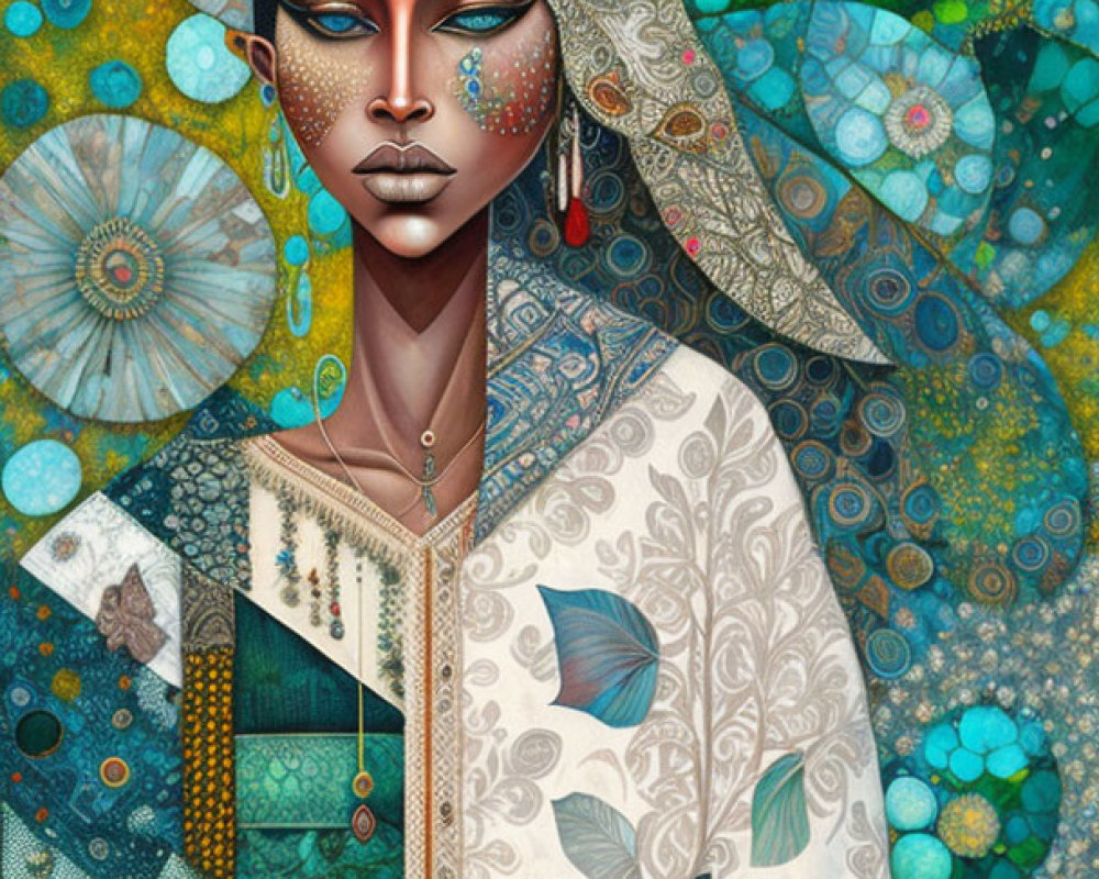 Vibrant African-inspired portrait with geometric patterns in green and blue