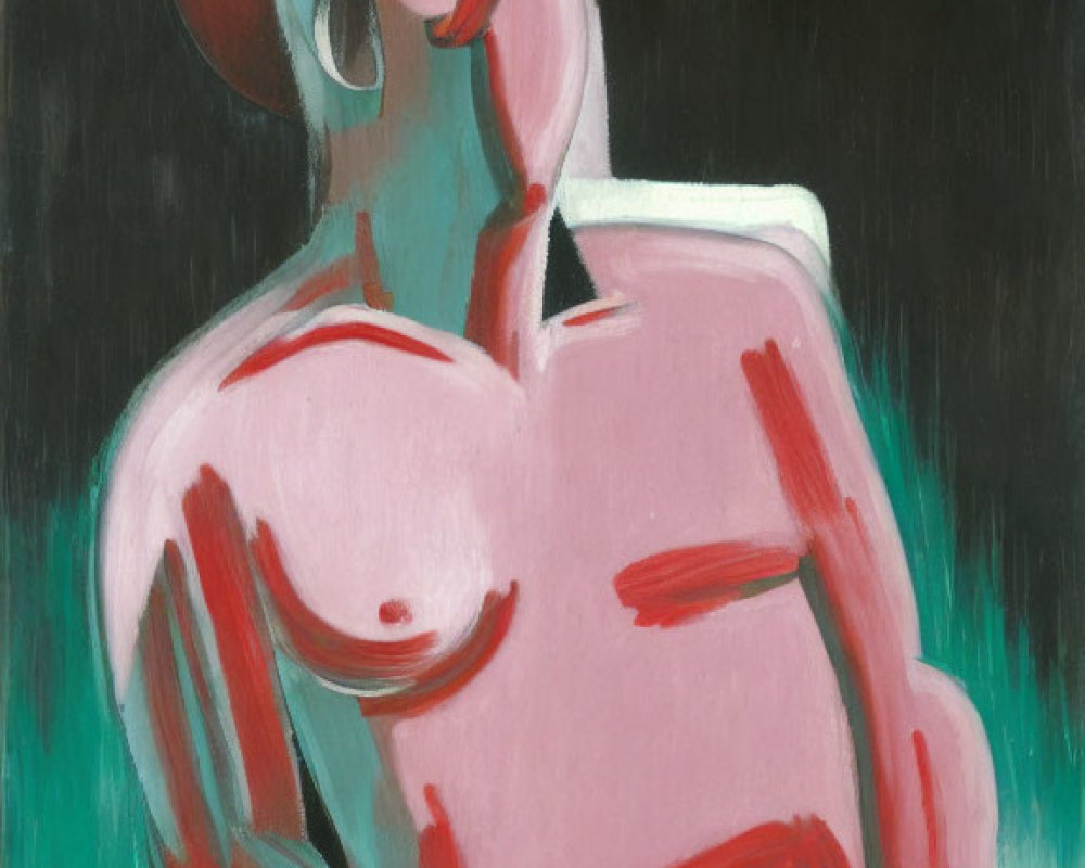 Stylized painting of seated muscular figure in pink and red on dark green background