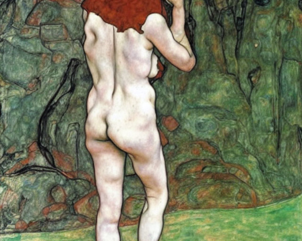 Nude woman with red hair standing in forest