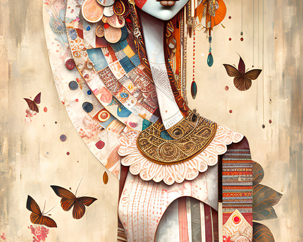 Vibrant illustration of woman with floral headdress and butterflies