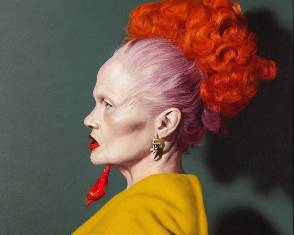 Profile View Portrait: Vibrant Orange Hair, Pale Skin, Red Lipstick, Yellow Outfit,