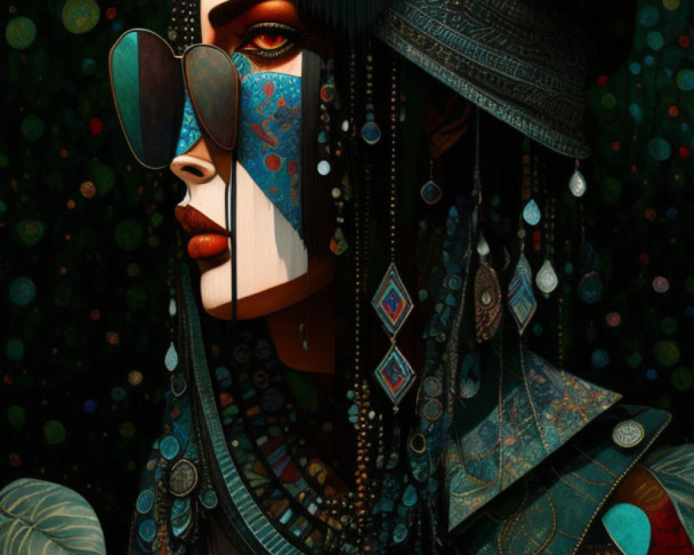 Vibrant tribal-inspired woman with intricate headgear and face paint