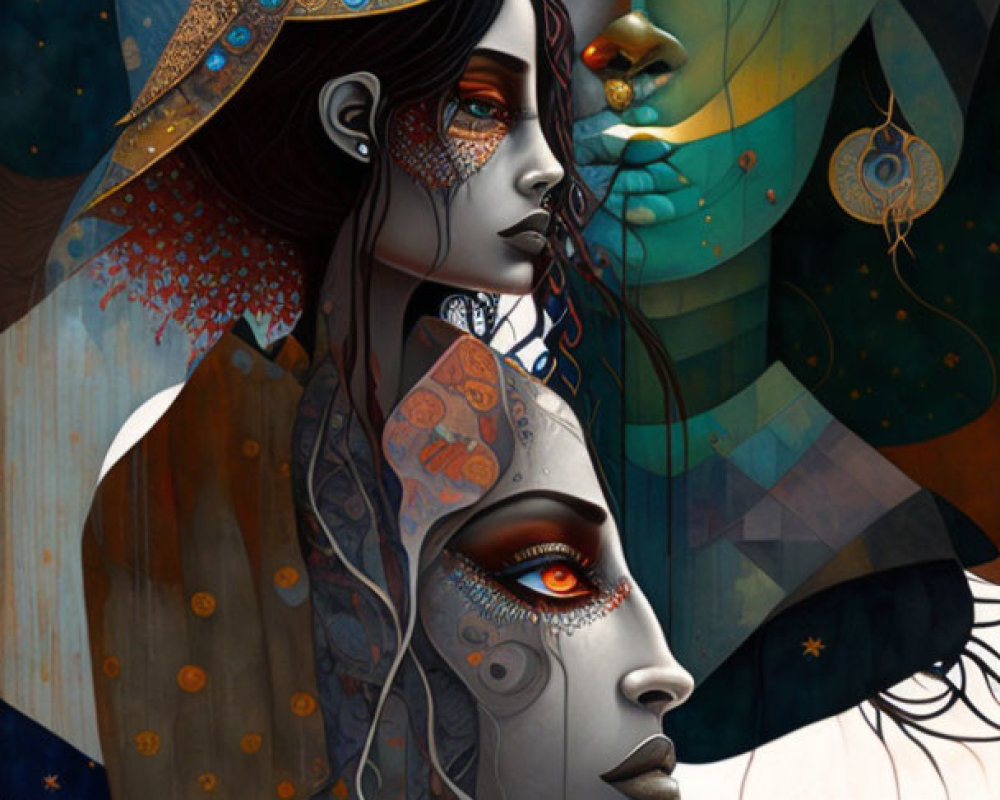 Three stylized female faces in profile with intricate patterns and cosmic elements blending surrealism and ethereal beauty