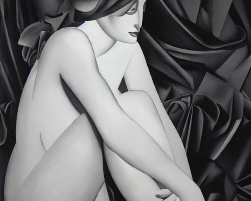 Monochrome painting of woman in contemplation against abstract backdrop