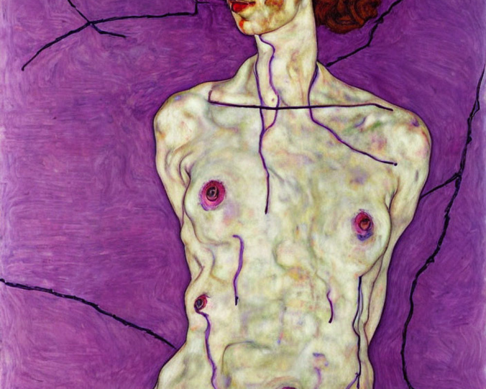 Expressive painting of person with red lips, curly hair, thin body on purple background