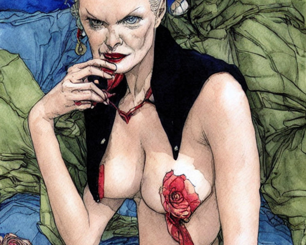 Pale, white-haired female vampire drinking blood with red eyes, rose, and skeletal hand, accompanied by