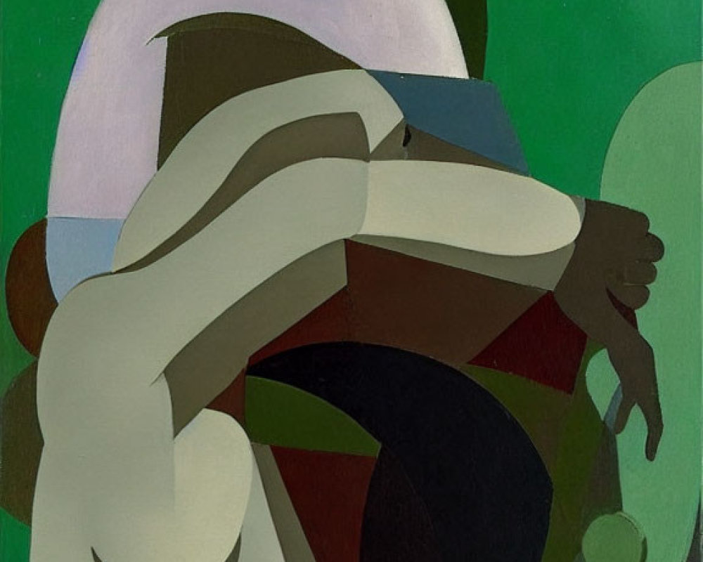 Cubist painting with green, white, and brown geometric shapes