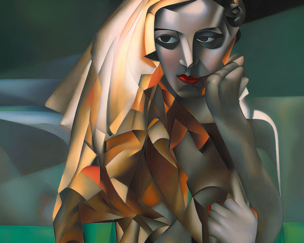 Cubist-style painting of reflective woman with fragmented features