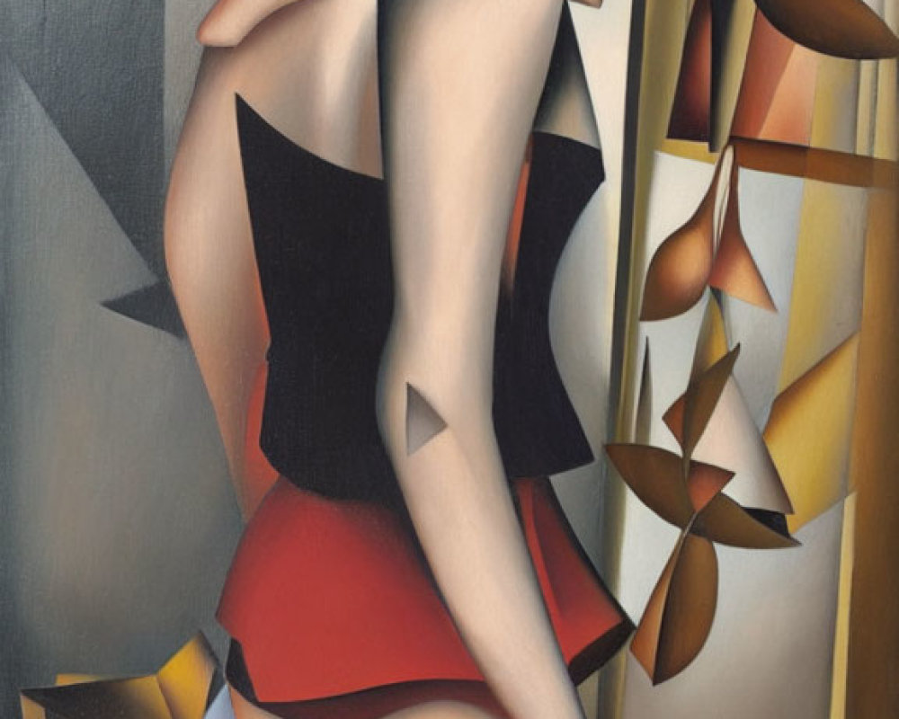 Cubist-style painting of seated woman with abstract shapes in muted colors