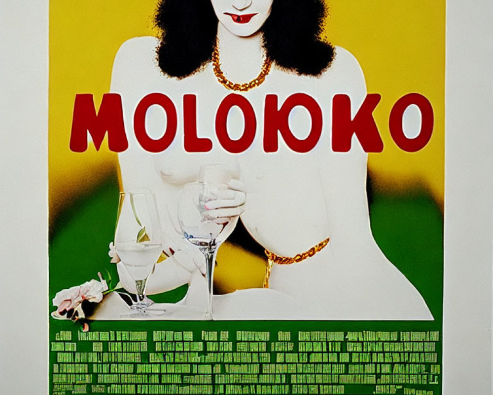 Colorful poster featuring stylized woman holding glass with bold "MOLOKO" text and green block