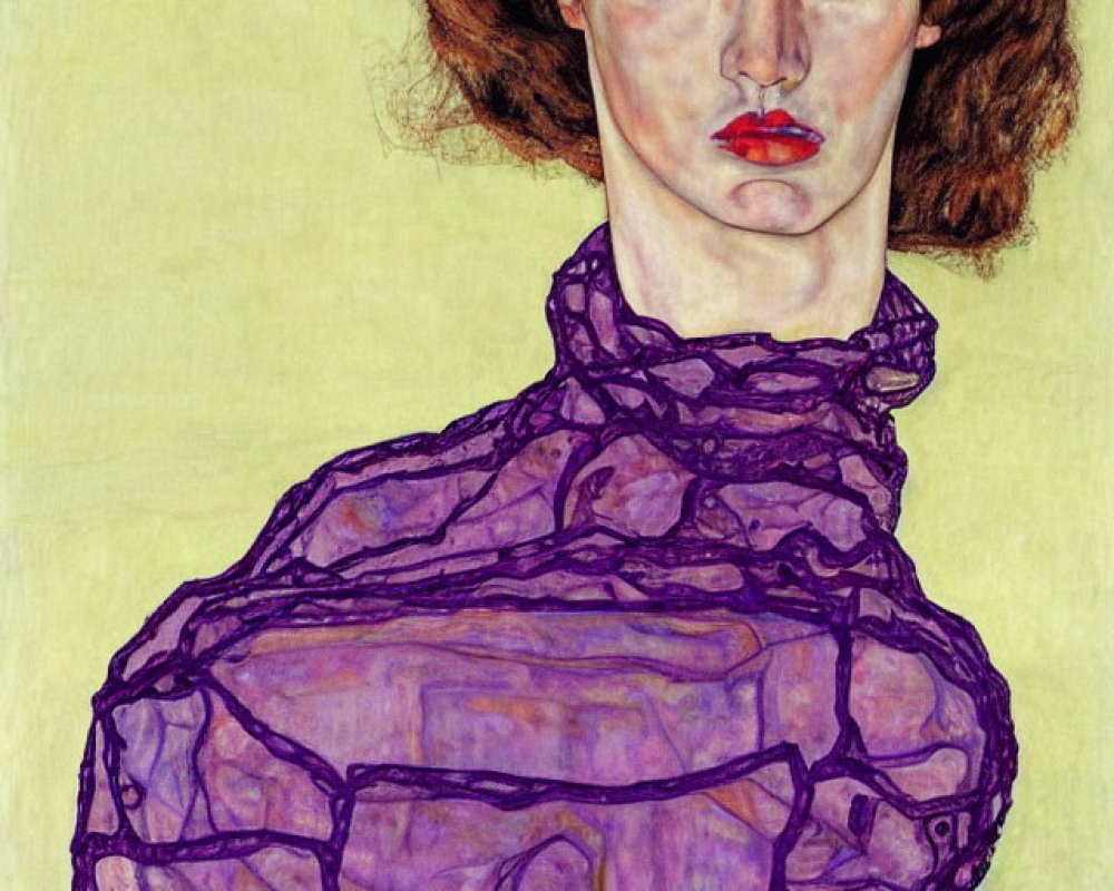 Portrait of a person with pale skin, blue eyes, curly brown hair, in purple garment on yellow