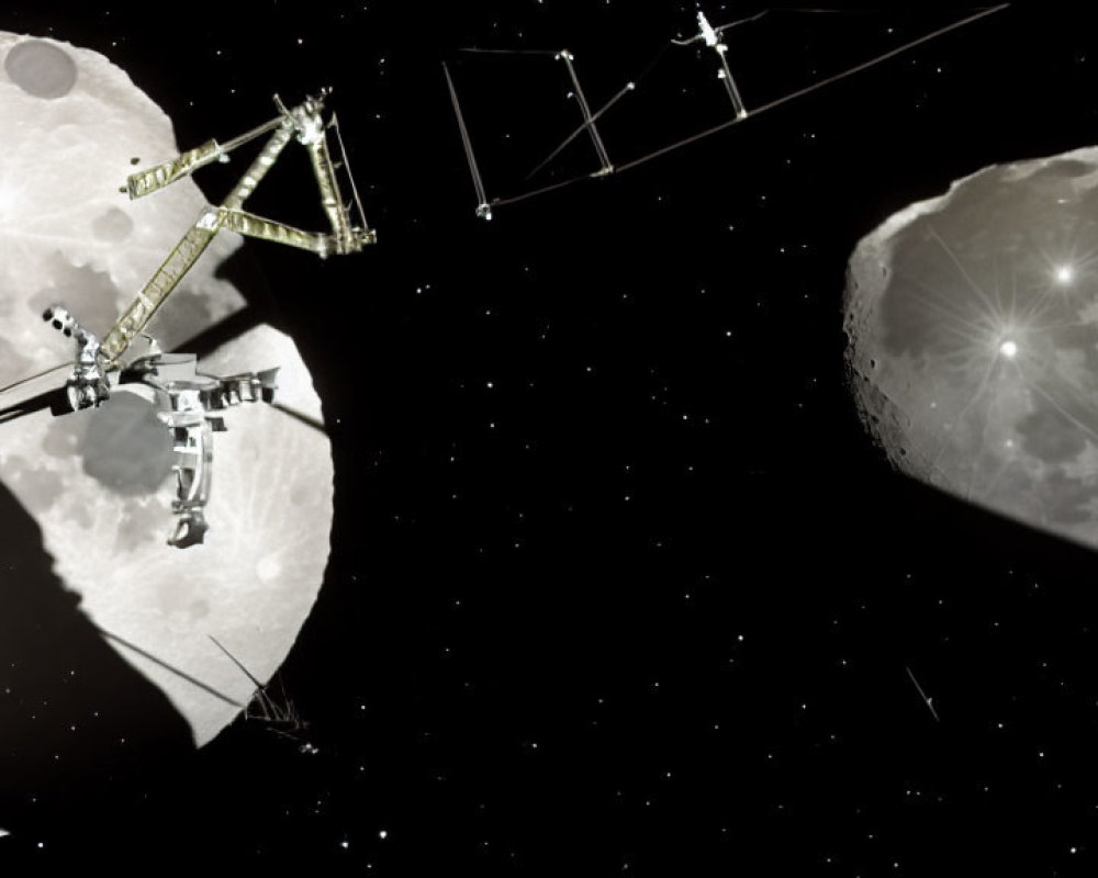 Robotic arms on asteroid in space scene