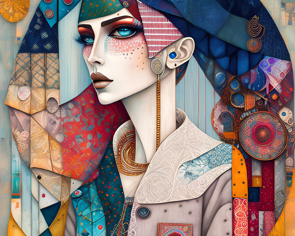 Colorful geometric portrait of a woman with intricate jewelry and headscarf