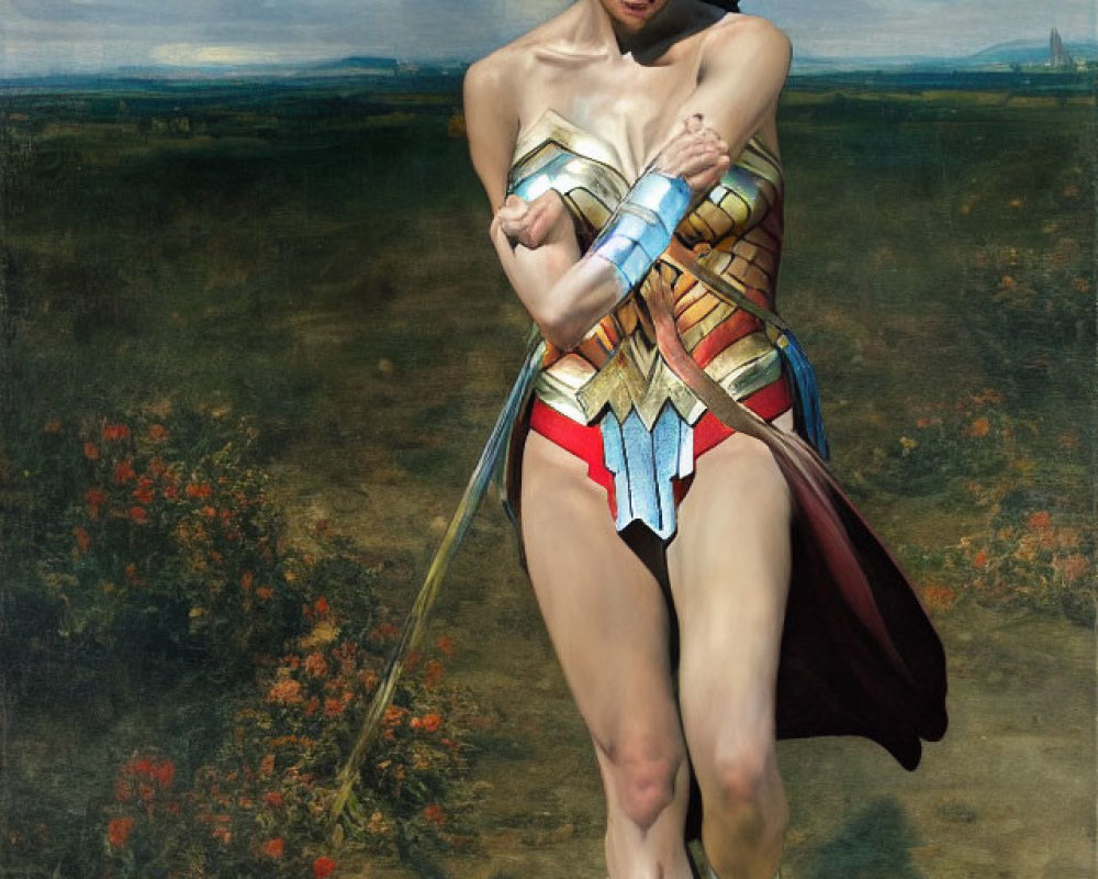 Iconic Wonder Woman painting in field with lasso pose