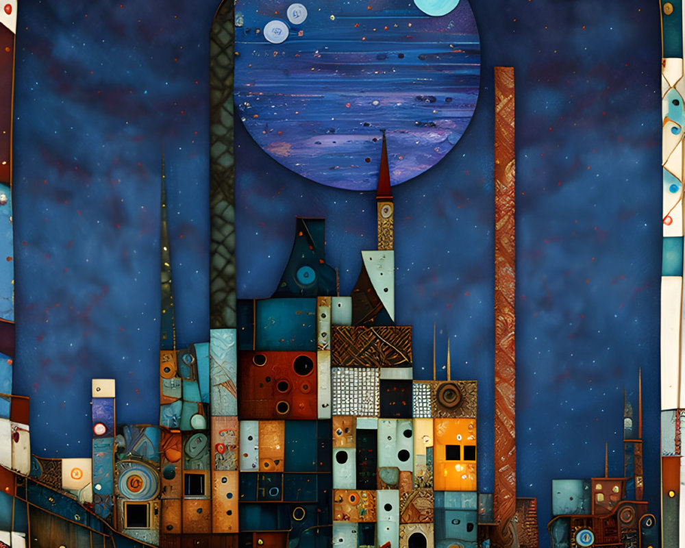 Stylized town at night with celestial motifs and whimsical details