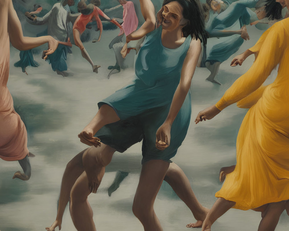 Vibrant painting of people in dance-like motions