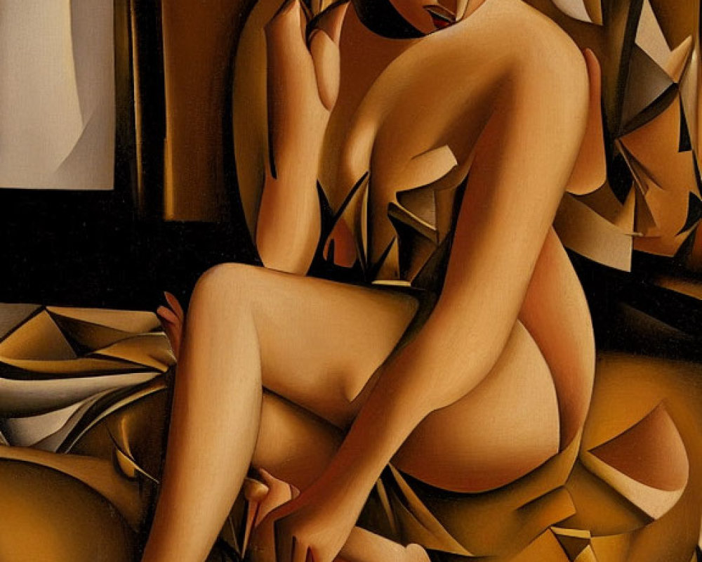 Cubist Style Seated Nude Figure with Geometric Shapes and Earthy Tones