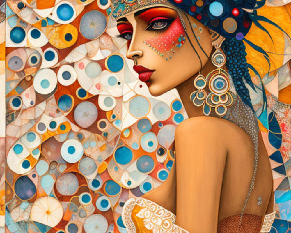 Colorful portrait of a woman with ornate headdress and earrings against geometric backdrop