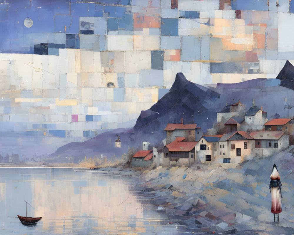 Tranquil lakeside village painting with abstract sky and mountains