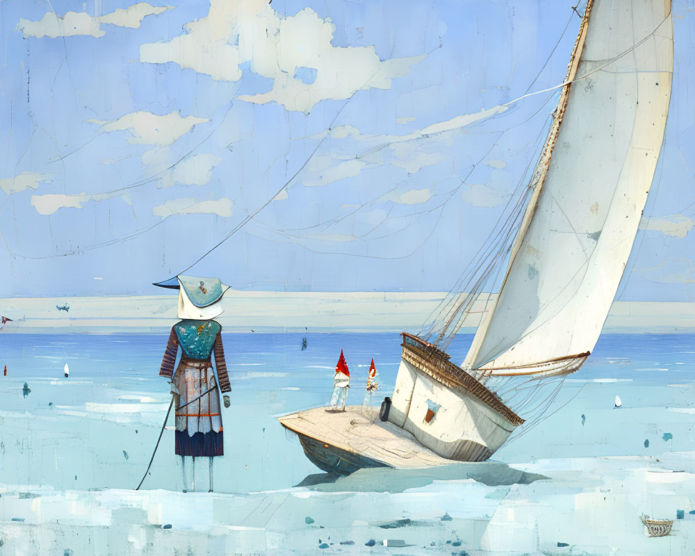 Stylized painting: Large figure in hat by sea, sailboat, tiny people, blue sky