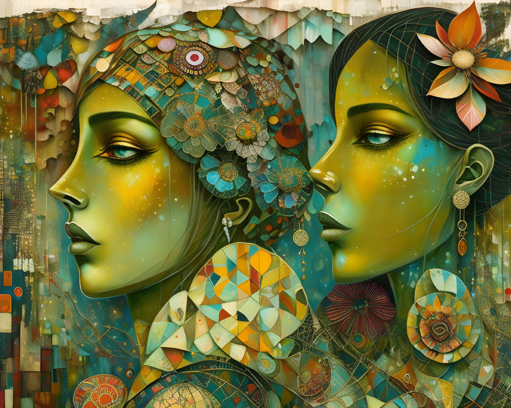 Colorful Illustration of Two Women with Patterned Skin and Jewelry Amid Geometric and Nature Motifs