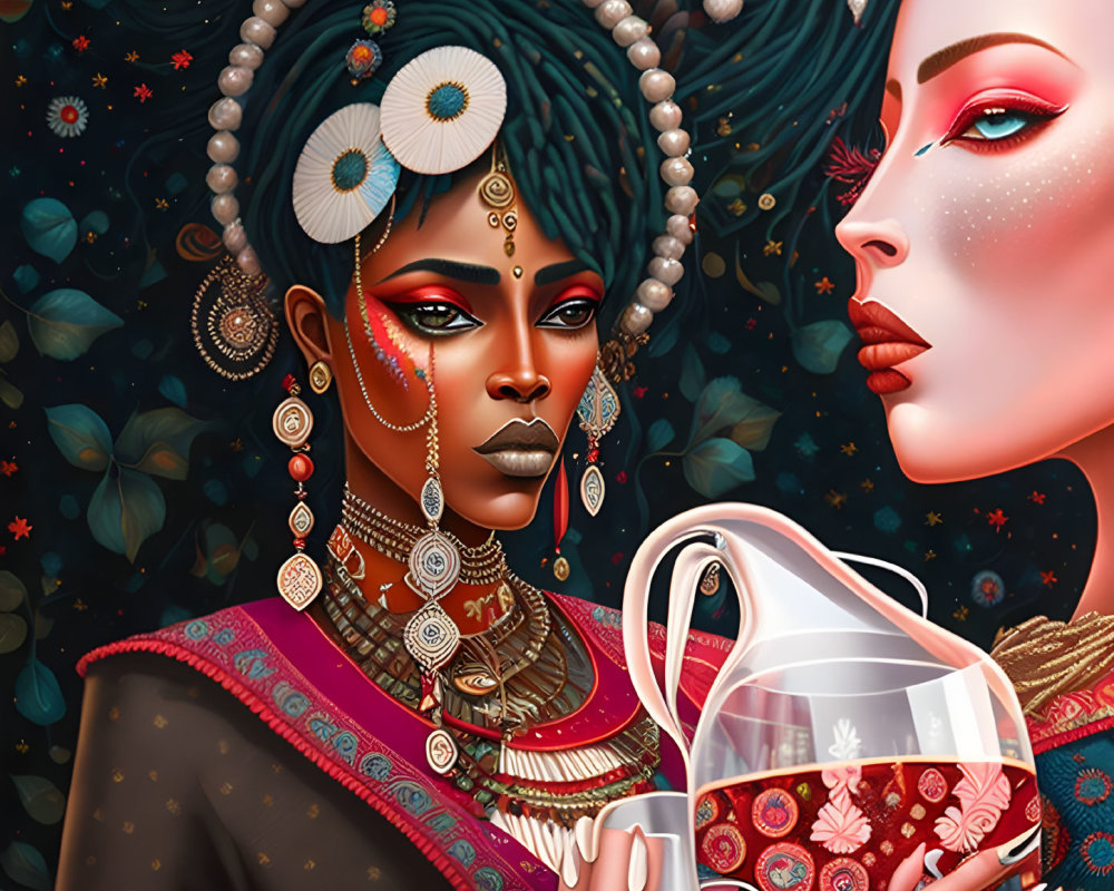 Stylized women with elaborate hairstyles and makeup against floral backdrop holding wine glass