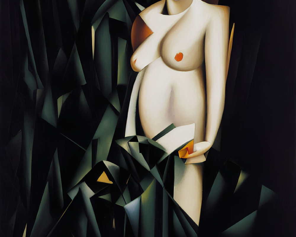 Abstract cubist painting of female figure with sharp geometric shapes and smooth curves in dark palette