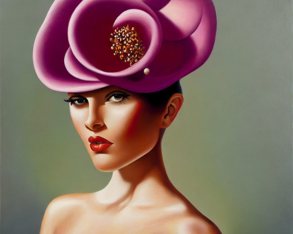 Portrait of a woman with oversized purple rose hat, exuding confidence