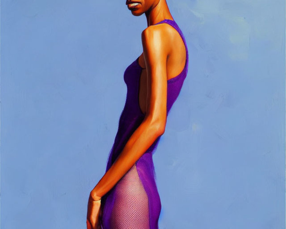 Serene person in purple dress on blue background