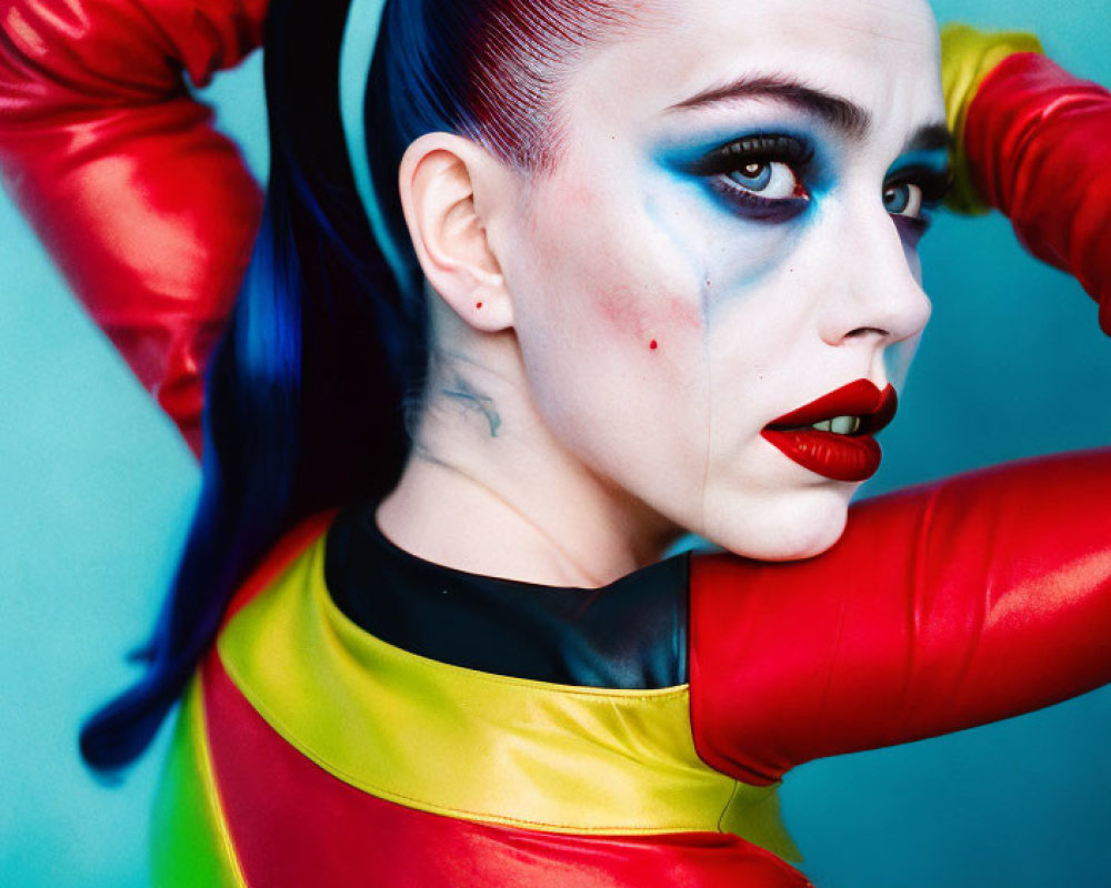 Colorful costume woman with dramatic makeup and red lipstick striking a pose